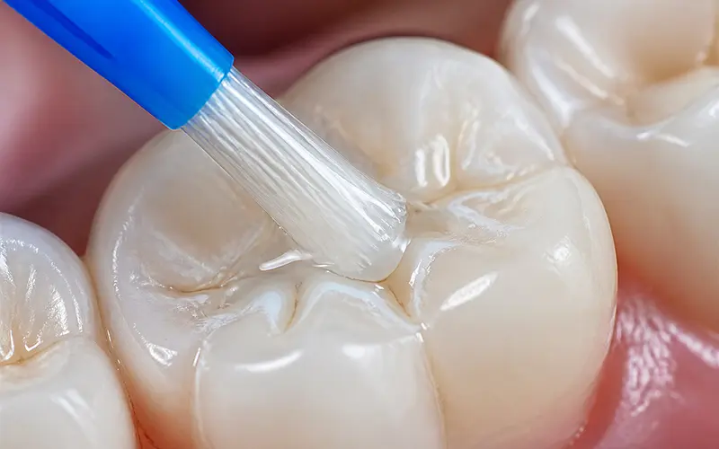 Dental sealant being applied to a molar tooth