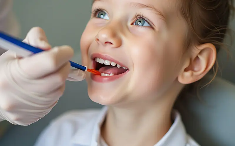 dentist applying dental sealant to a child's tooth